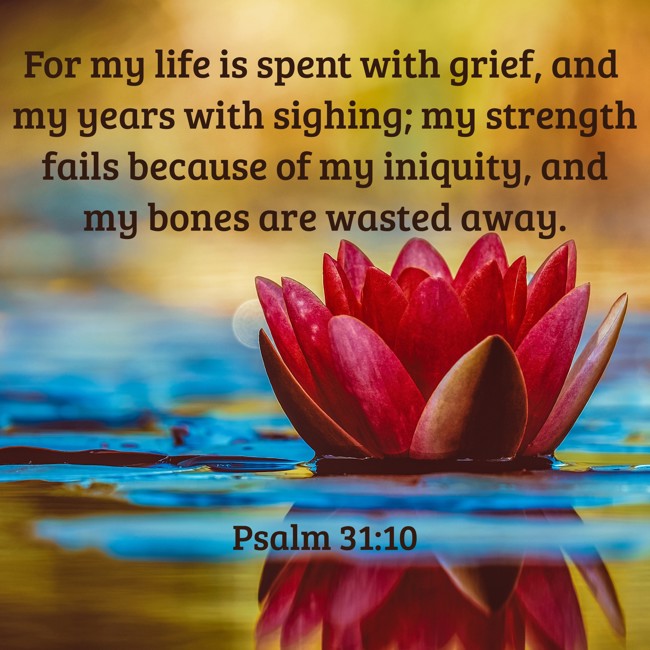  For my life is spent with grief, and my years with sighing; my strength fails because of my iniquity, and my bones are wasted away.   - Psalm 31:10 