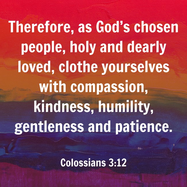  Therefore, as God’s chosen people, holy and dearly loved, clothe yourselves with compassion, kindness, humility, gentleness and patience.   - Colossians 3:12 
