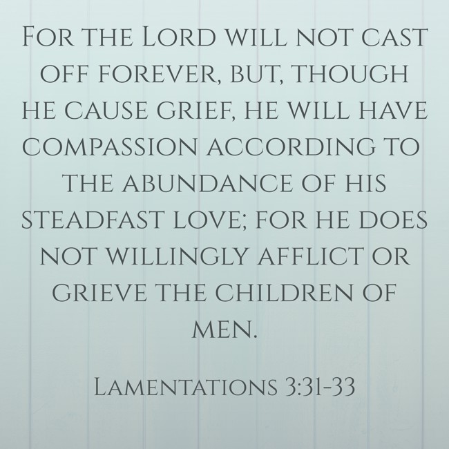 For the Lord will not cast off forever, but, though he cause grief, he will have compassion according to the abundance of his steadfast love; for he does not willingly afflict or grieve the children of men. - Lamentations 3:31-33