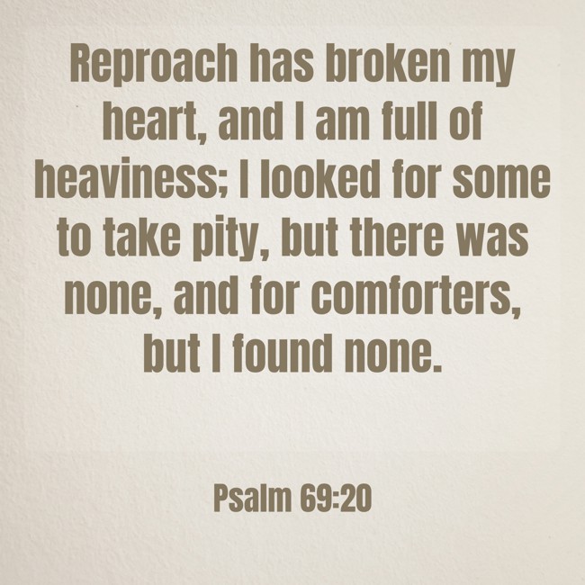 Reproach has broken my heart, and I am full of heaviness; I looked for some to take pity, but there was none, and for comforters, but I found none. - Psalm 69:20