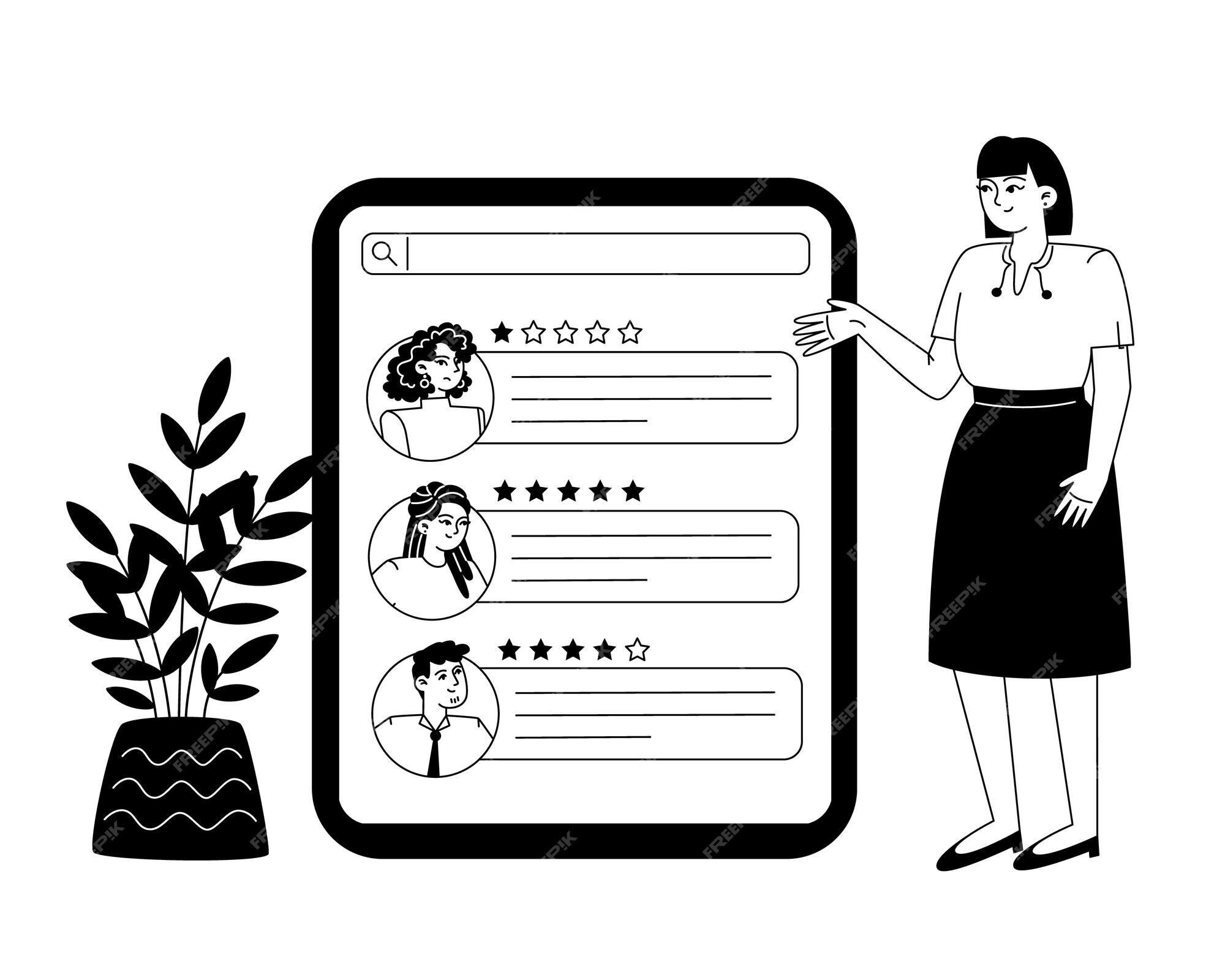 Premium Vector A female employee looks at various reviews of people 