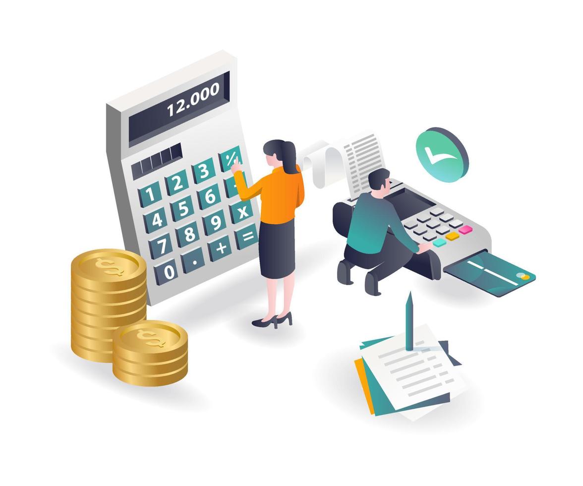 The concept of isometric illustration two people are calculating 