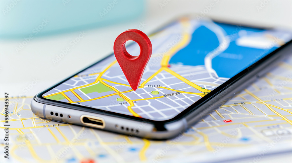 Smartphone with map location pin on display showing navigation and GPS 