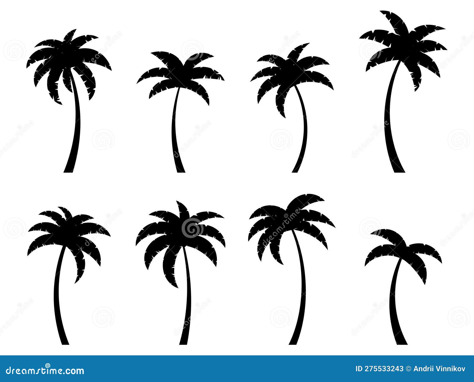 Black Curved Palm Trees Set Isolated on White Background Bent Palm 