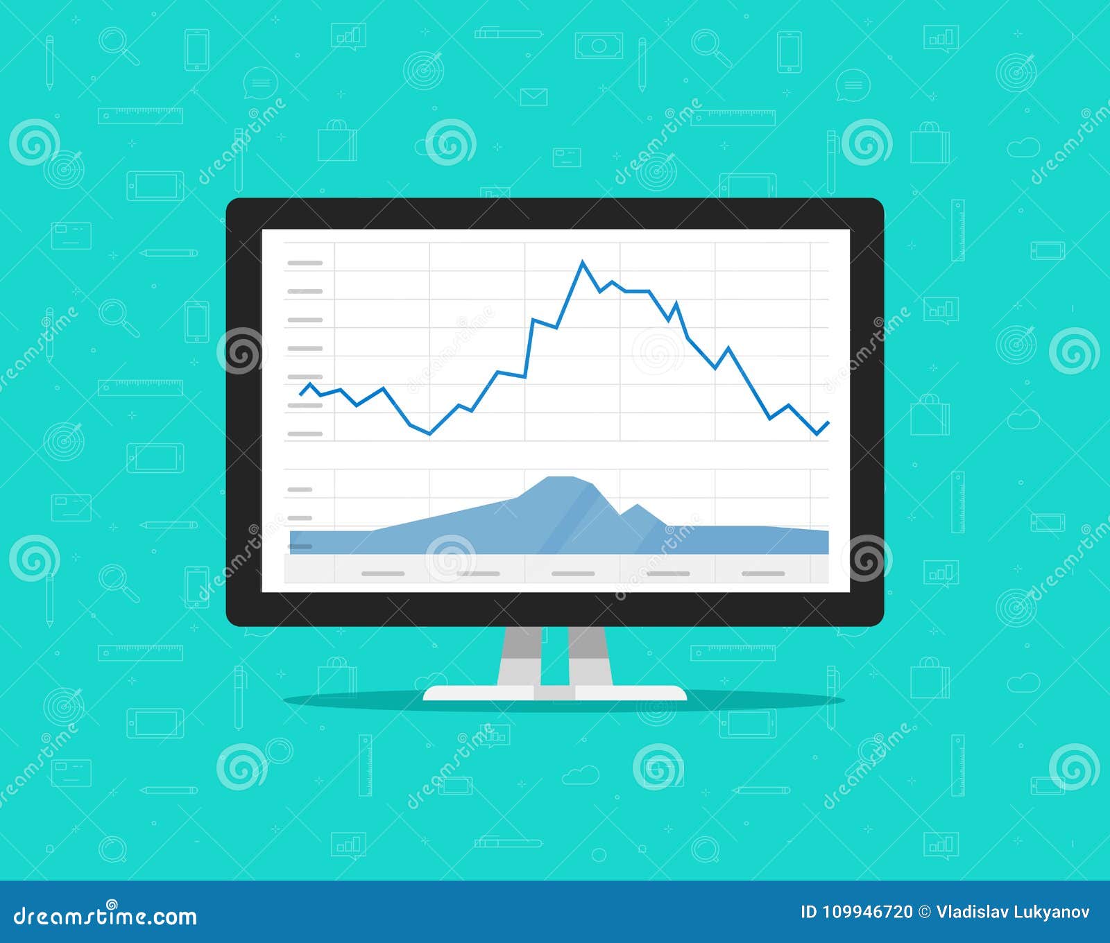 Computer with Stocks Graphs Vector Illustration Flat Cartoon Desktop 