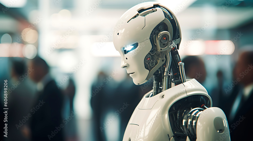 A futuristic humanoid robot interacting with humans in a collaborative 
