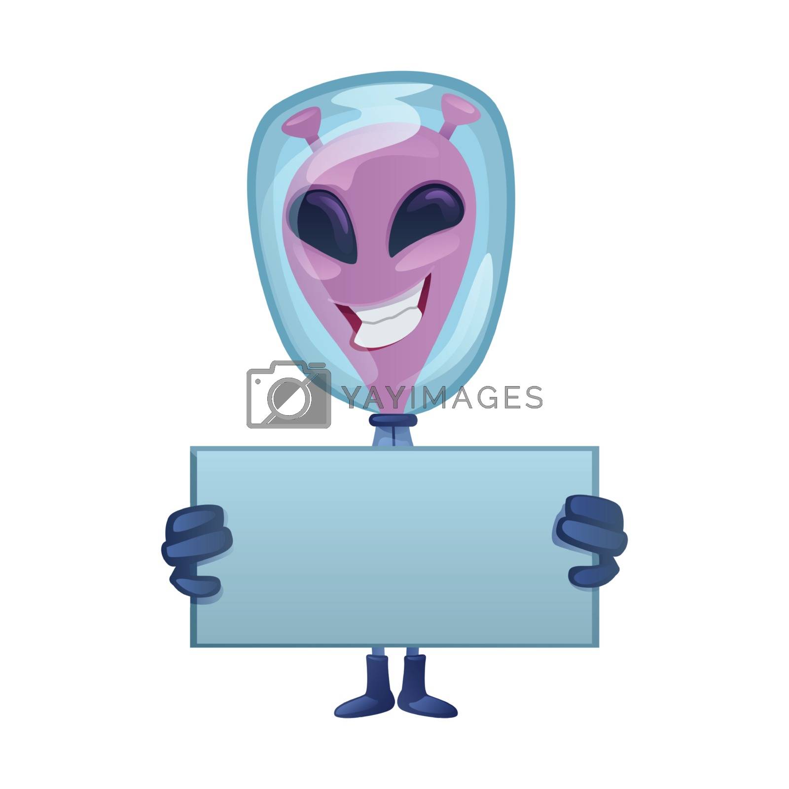 Smiling martian with blank banner flat cartoon vector illustration 