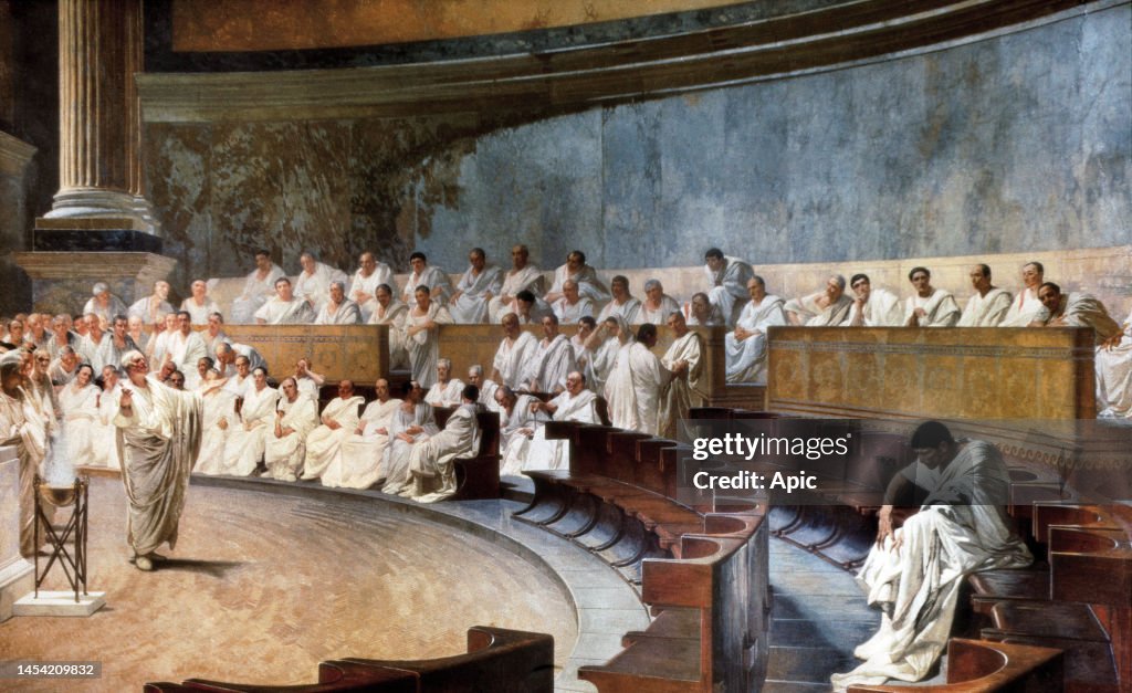 at roman senate Cicero denounces plot organized by Catiline to take 