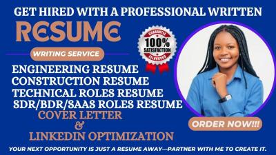 I will craft professional resumes for engineering, construction, IT, BDR, SDR, and tech