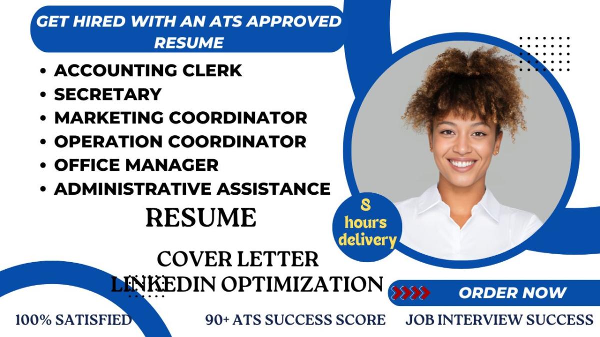 I will write administrative assistant, accounting clerk, secretary resume, cover letter