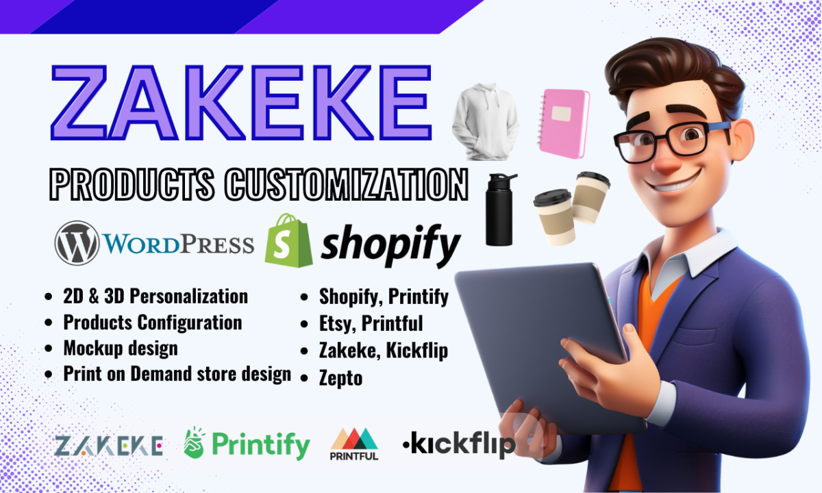 I will do print on demand product customization in zakeke, kickflip, zepto, teeinblue, shopify, wordpress