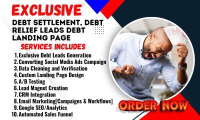 I will generate debt leads debt settlement, debt relief leads debt landing page debt
