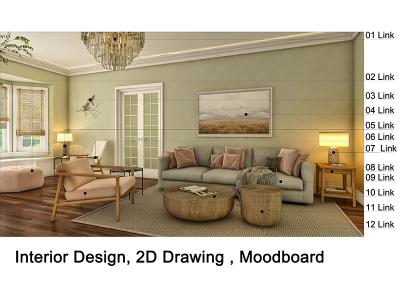 I will create interior mood board, 2D floor plan, or shopping list