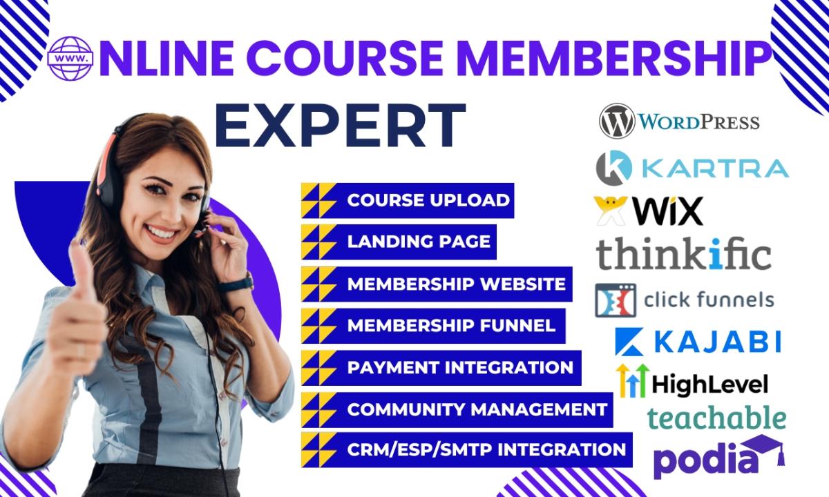 I will setup expert membership online course website on samcart, teachable, thinkific