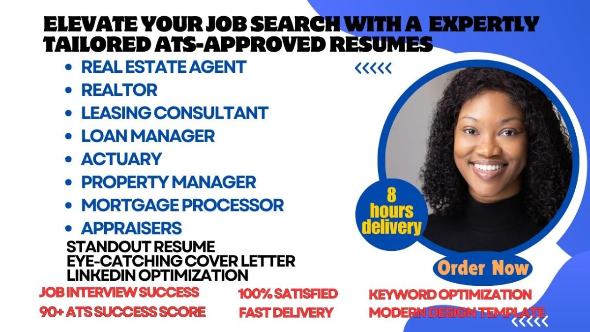 I will write real estate agent, realtor, insurance, leasing consultant, actuary resume