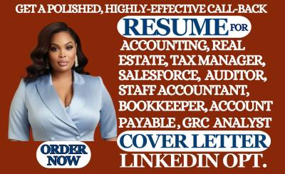 I will write sales, accountant, real estate, bookkeeper tax manager, and auditor resume