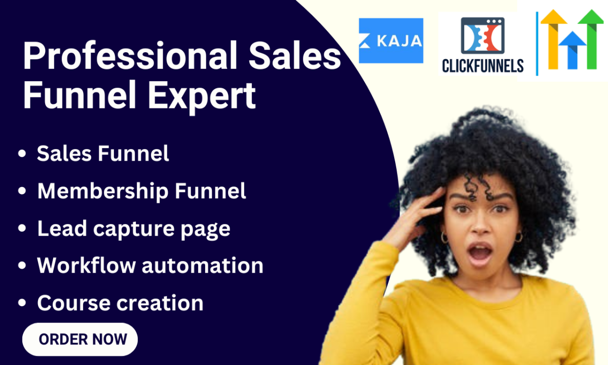 I will build sales funnel in clickfunnels, systeme io, gohighlevel, kajabi