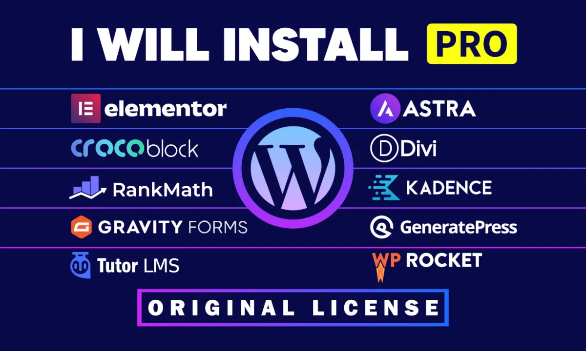 Install Elementor Pro, Astra Pro, Rank Math Pro, Crocoblock, WP Rocket, Imagify