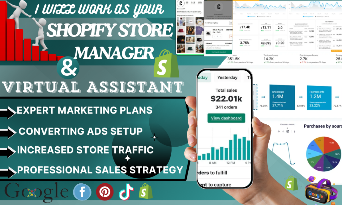 I will be your Shopify virtual assistant, store manager, and social media marketing