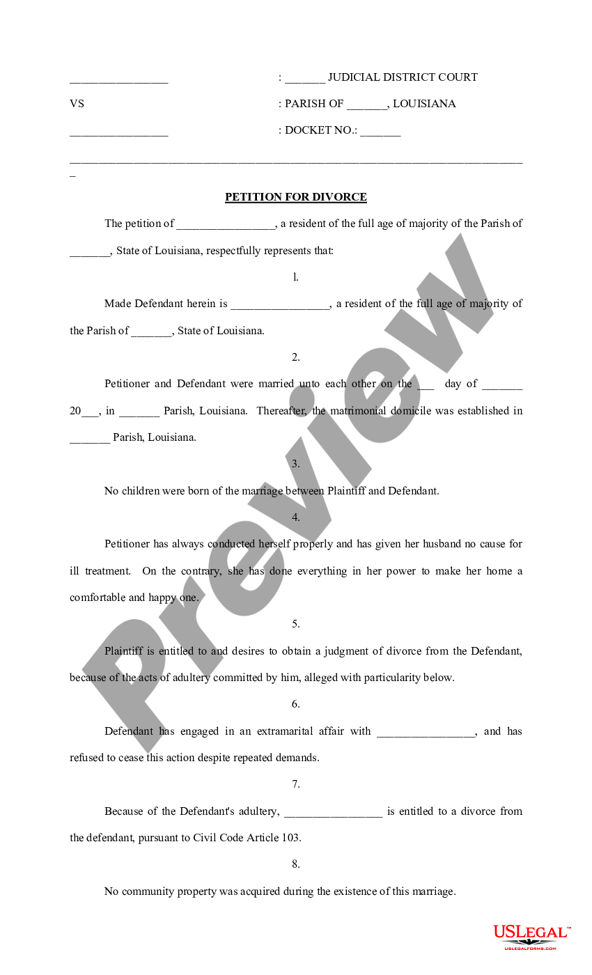 Louisiana Petition for Divorce on ground of adultery Adultery In 