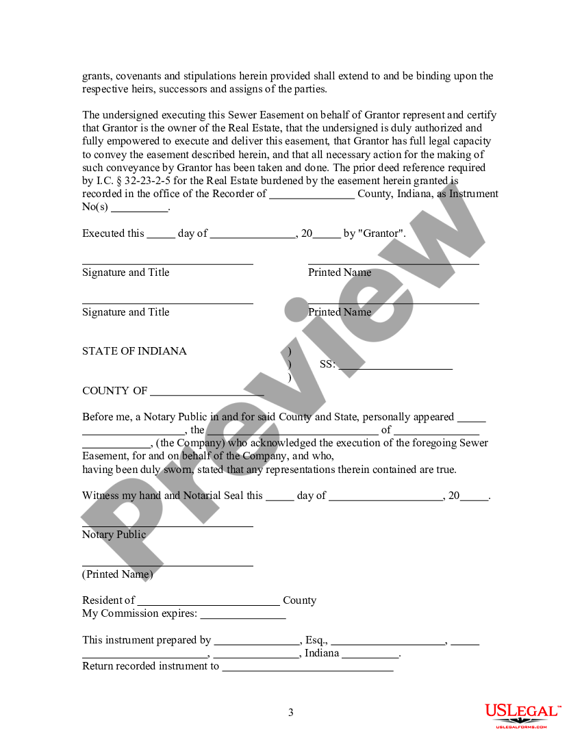 Indiana Sewer Easement for Placement of Line Indiana Easement US 