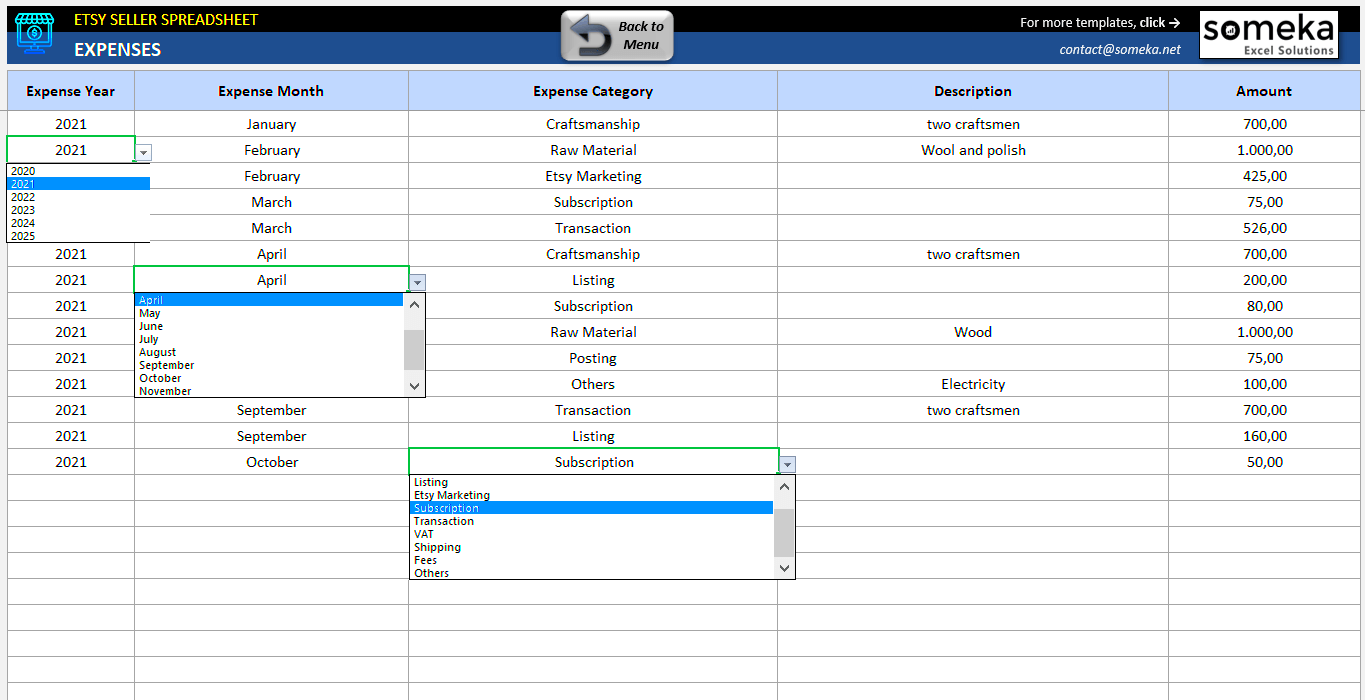 Excel Etsy Seller Spreadsheet Etsy Seller Bookkeeping Template