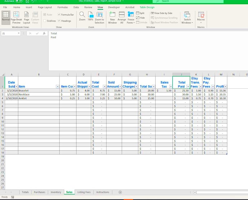 Etsy Sales Spreadsheet Template for Sales Purchases Etsy