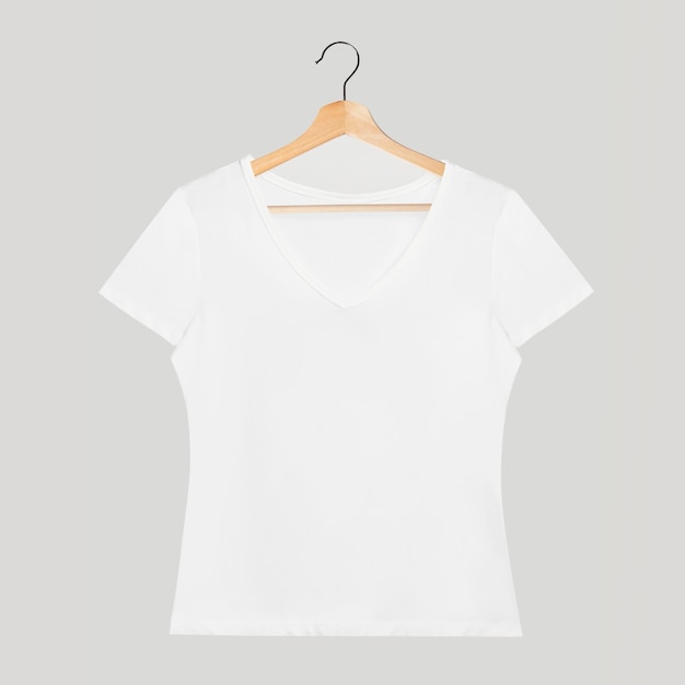 White V-Neck T-Shirt Mockup on Wooden Hanger