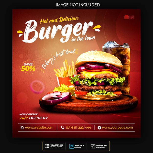 Food Social Media Post Template for Restaurant Fastfood Burger