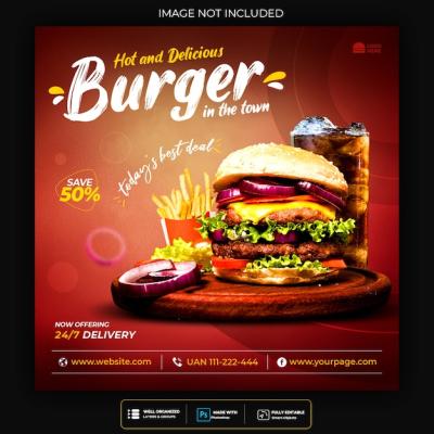 Food Social Media Post Template for Restaurant Fastfood Burger