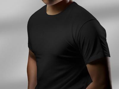 Model in Threequarter Stance Wearing a Black T-shirt