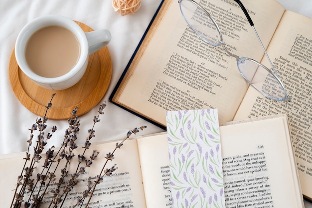 Bookmark and books arrangement top view