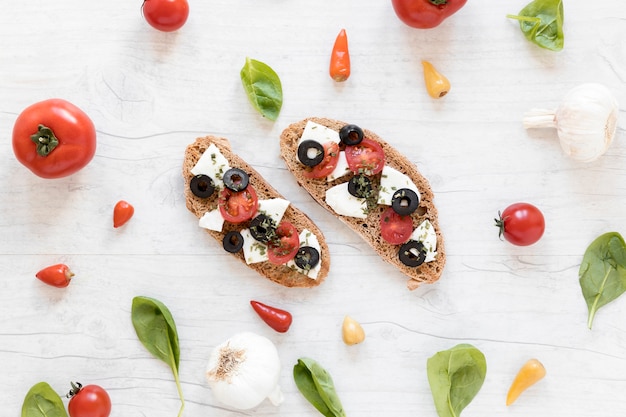 Delicious Tasty Bruschetta Surrounded by Healthy Ingredients