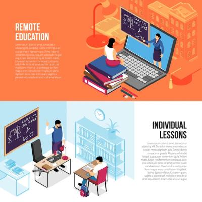 Education Horizontal Isometric Banners with Individual Private Lessons and Online College University Courses Isolated Vector Illustration