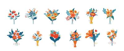 Colorful Bouquets of Different Flowers Vector Illustrations Set