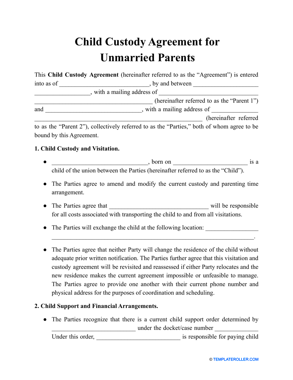 Child Custody Agreement for Unmarried Parents Template Fill Out Sign 