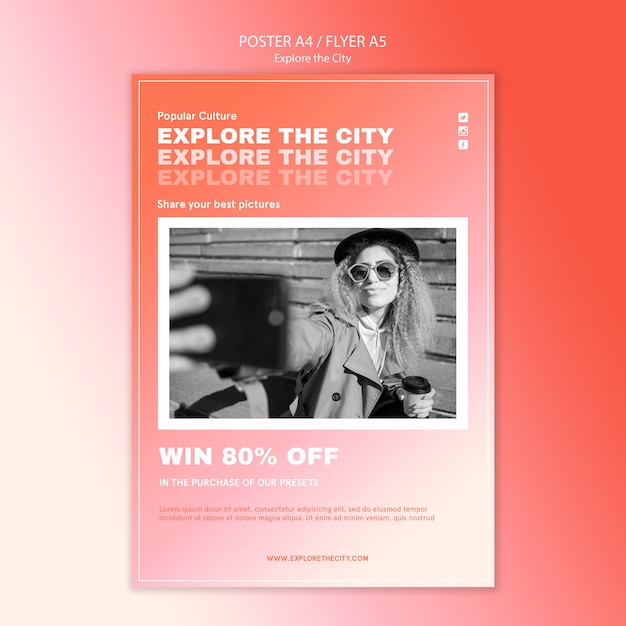 Woman taking a selfie in the city poster template