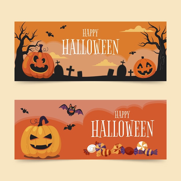 Hand drawn flat halloween horizontal banners set