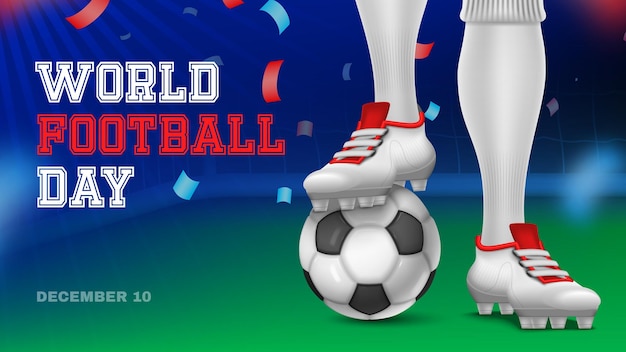 World Football Day Horizontal Poster with Sportsman Legs and Ball on Field Realistic Vector Illustration