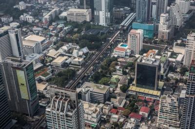 Panoramic Skyline View of Bangkok from The Peak of the King Power MahaNakhon 78 Floors Skyscraper in Thailand