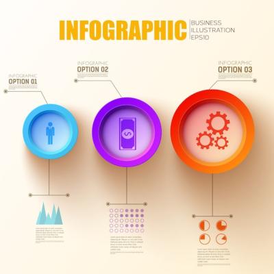 Business Infographic Template with Text, Three Steps, Colorful Circles, and Icons