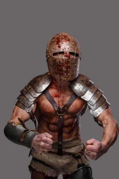 Gladiator in Helmet Demonstrates Strength with Muscular Body