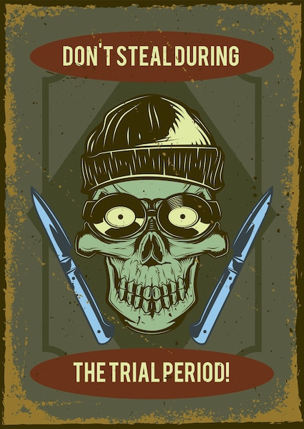 Vintage poster featuring an illustration of a thief’s skull with lock picks