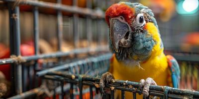 A Colorful Parrot in a Cage Looking at the Camera