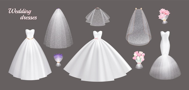 Realistic White Wedding Dresses and Accessories for Brides on Grey Background Vector Illustration