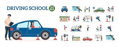 Driving School Flat Icons Set for Theory and Practice Training