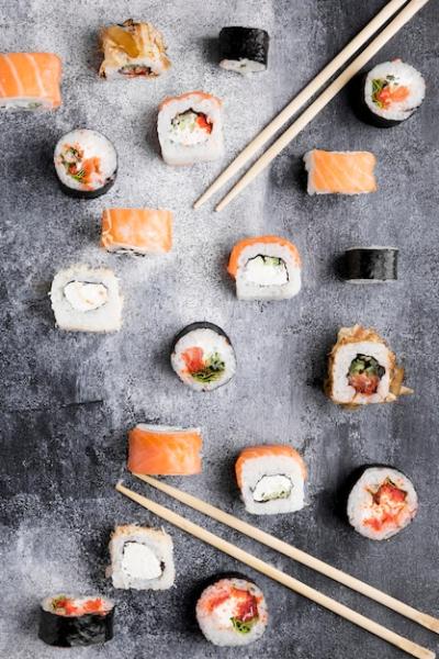 Top view variety of sushi