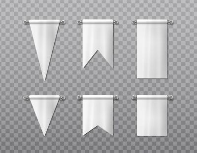 Realistic Vector Icon Set White Mockup Hanging Pennant in Different Shapes Hanging Banner Flag