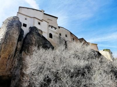 Beautiful Shot of Hanging Houses on Cliff on Sunny Day in Cuenca, Spain