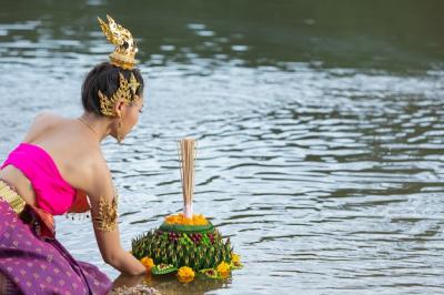 Asia Woman in Thai Dress Traditional Hold Kratong